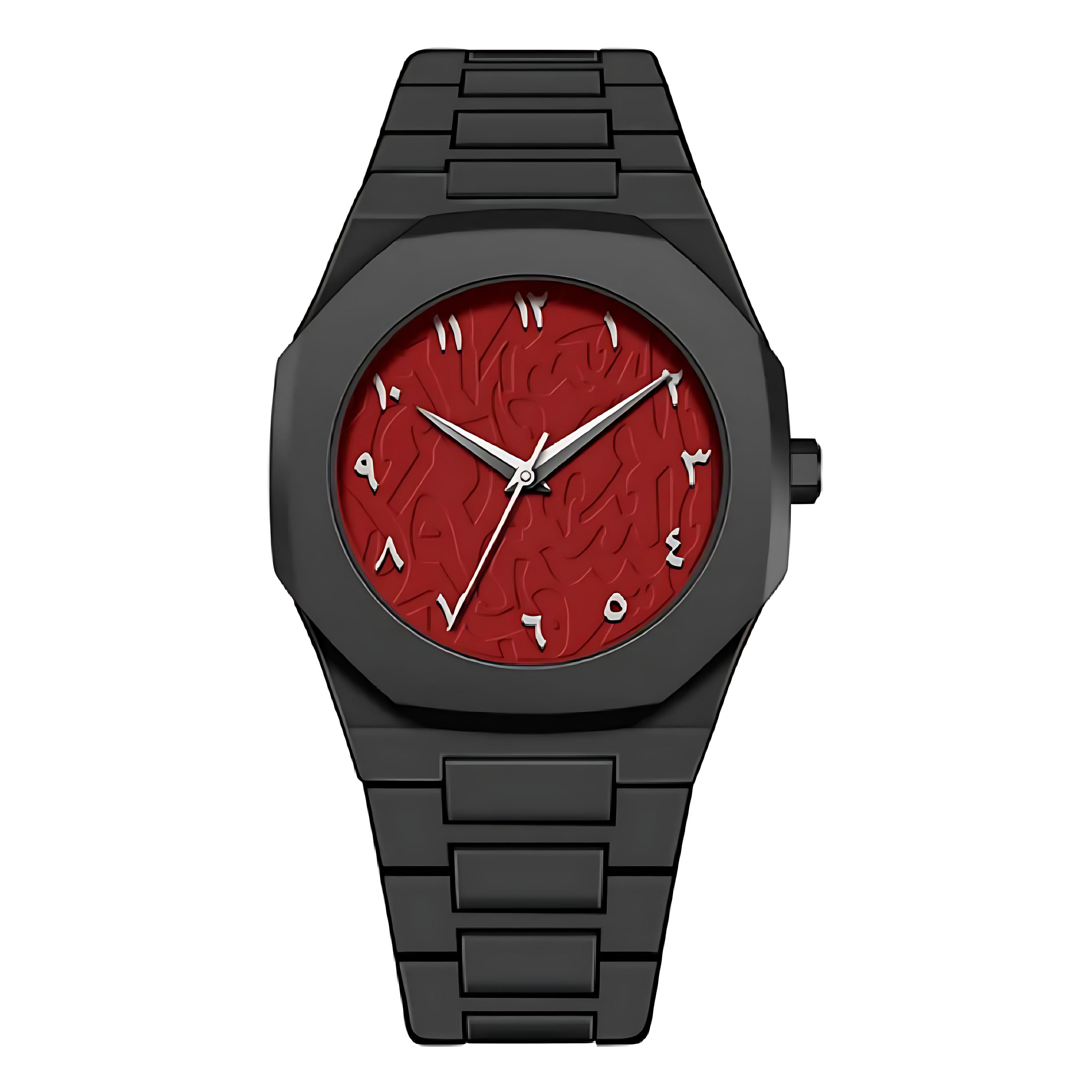Valux Arabic Red – bold red dial black body polycarbonate watch with Arabic numerals, 40mm dial, and butterfly clasp. Premium styling. 
