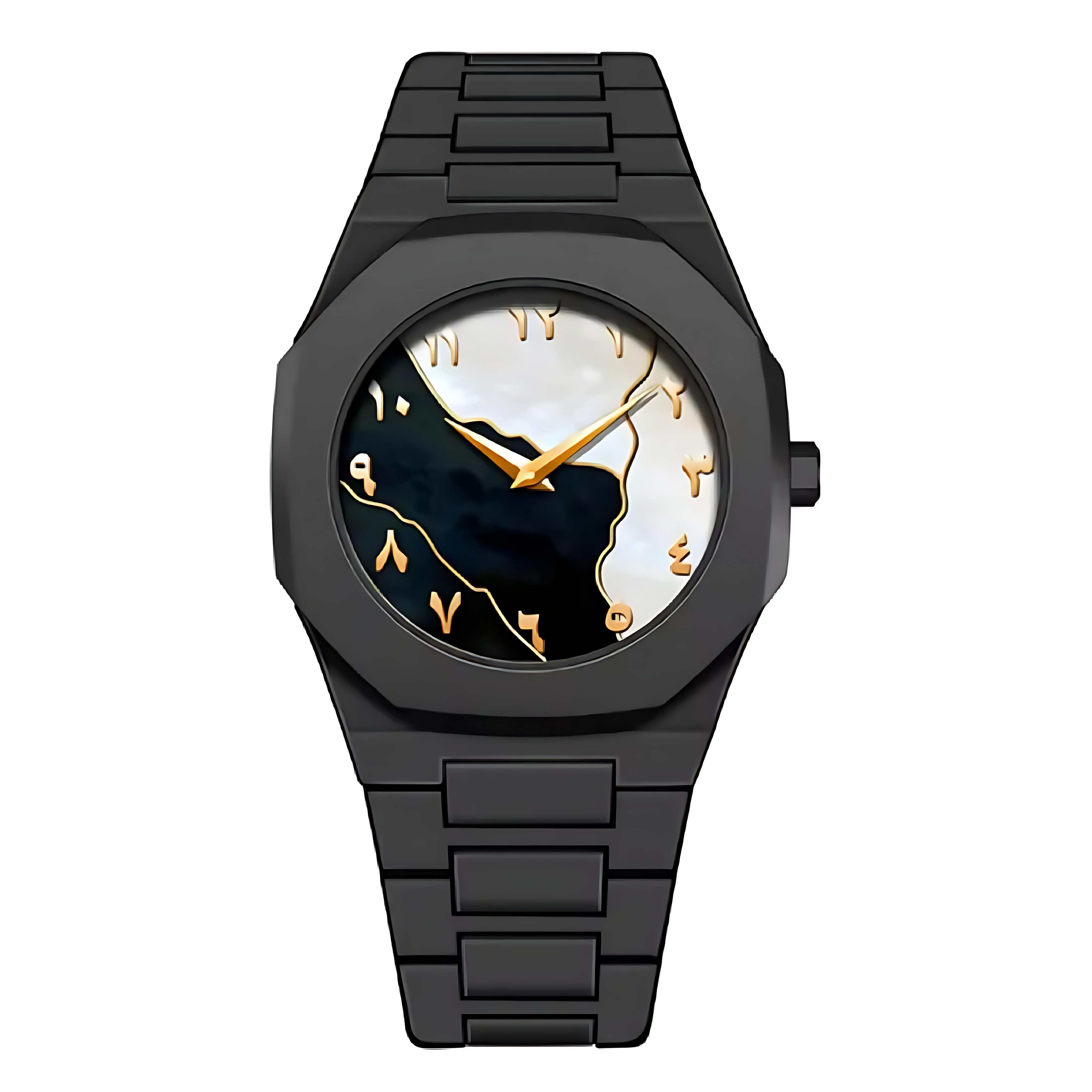 Valux Arabic S-Black – black watch with silver-black dual-tone dial and gold Arabic numerals. 40mm polycarbonate case 