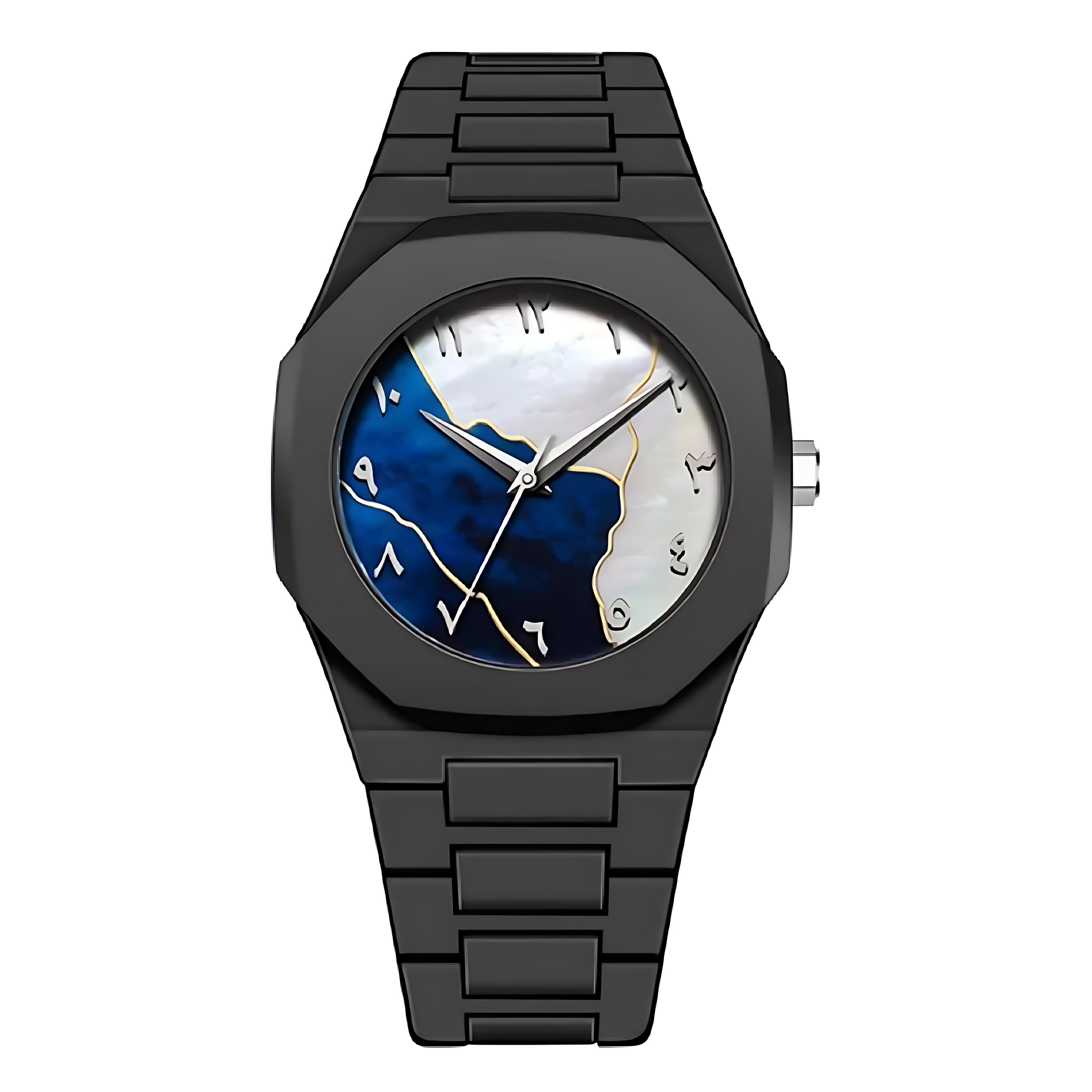 Valux Arabic S-Blue – Black polycarbonate body watch with silver-blue dial and silver Arabic numerals. 40mm case. Elegance in motion. Contrast in control.