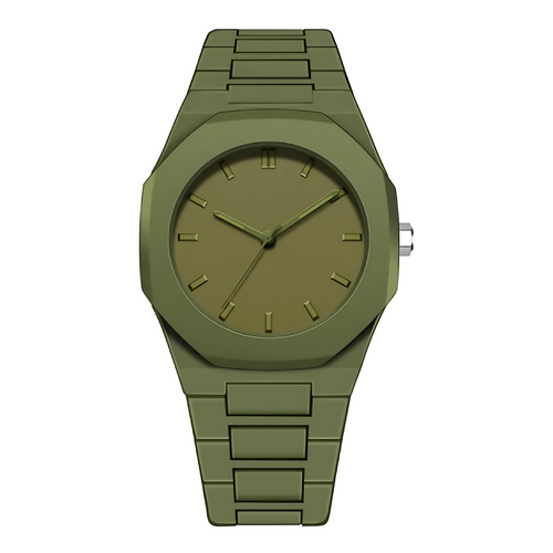 Valux Monoluxe Green – all body matte green watch with 40mm dial, butterfly clasp, and polycarbonate finish.