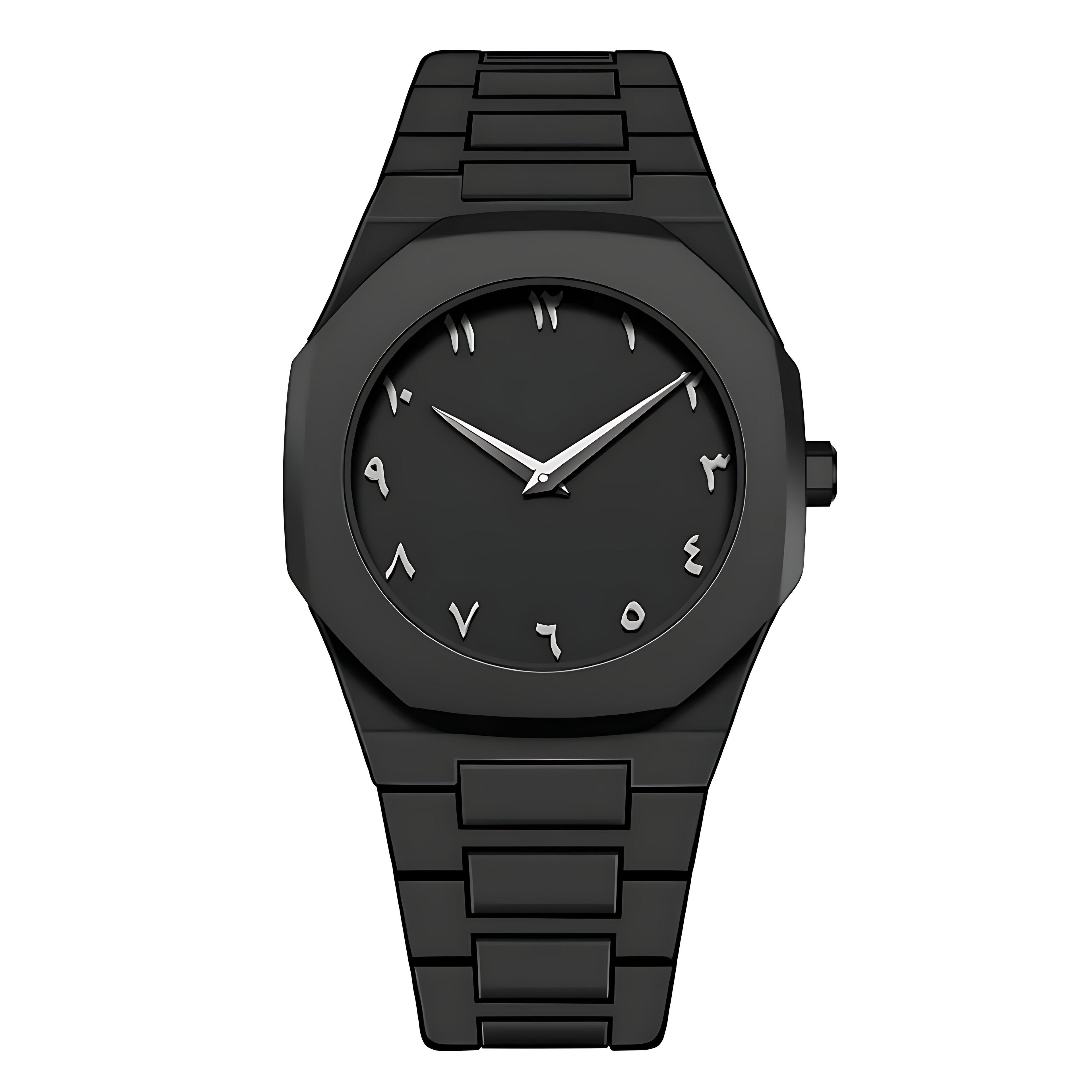 Valux Silvique Arabic Black – matte black Arabic watch with silver numerals and butterfly clasp
